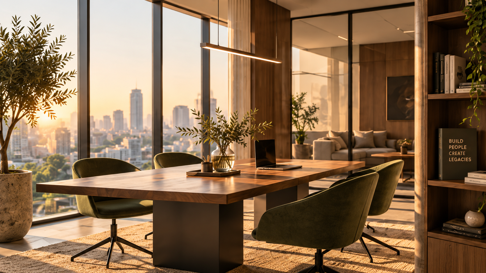 A sunlit meeting room with a walnut table and green chairs, overlooking the city